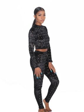Black Velvet Studded Two-Piece Jumpsuit Set